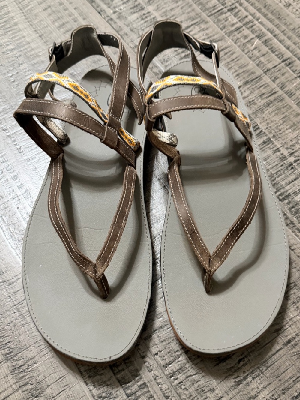 Chaco Loveland Brown Sandals with Gold Accent Straps & Gray Soles